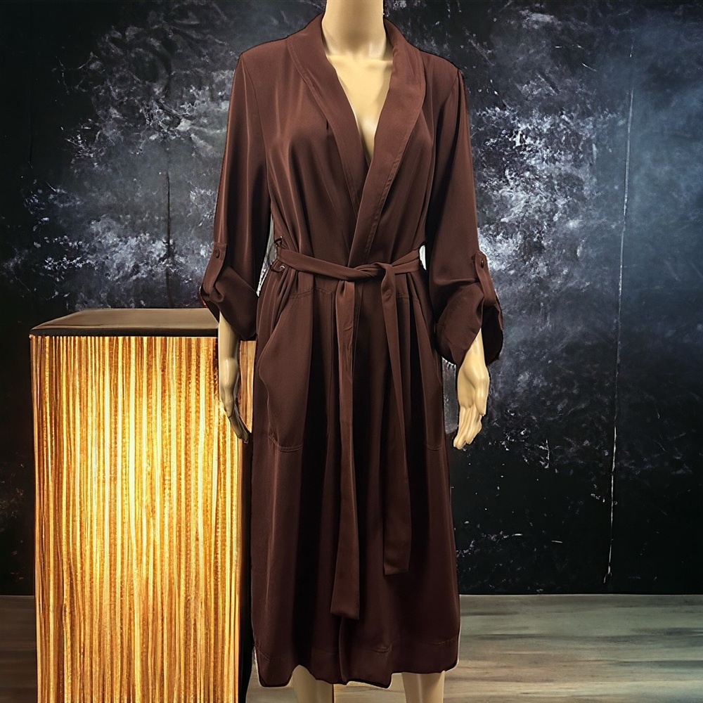 DR2 Daniel Rainn Long Woven Open Belted Trench Coat Chestnut Nordstrom Womens L - Picture 9 of 15